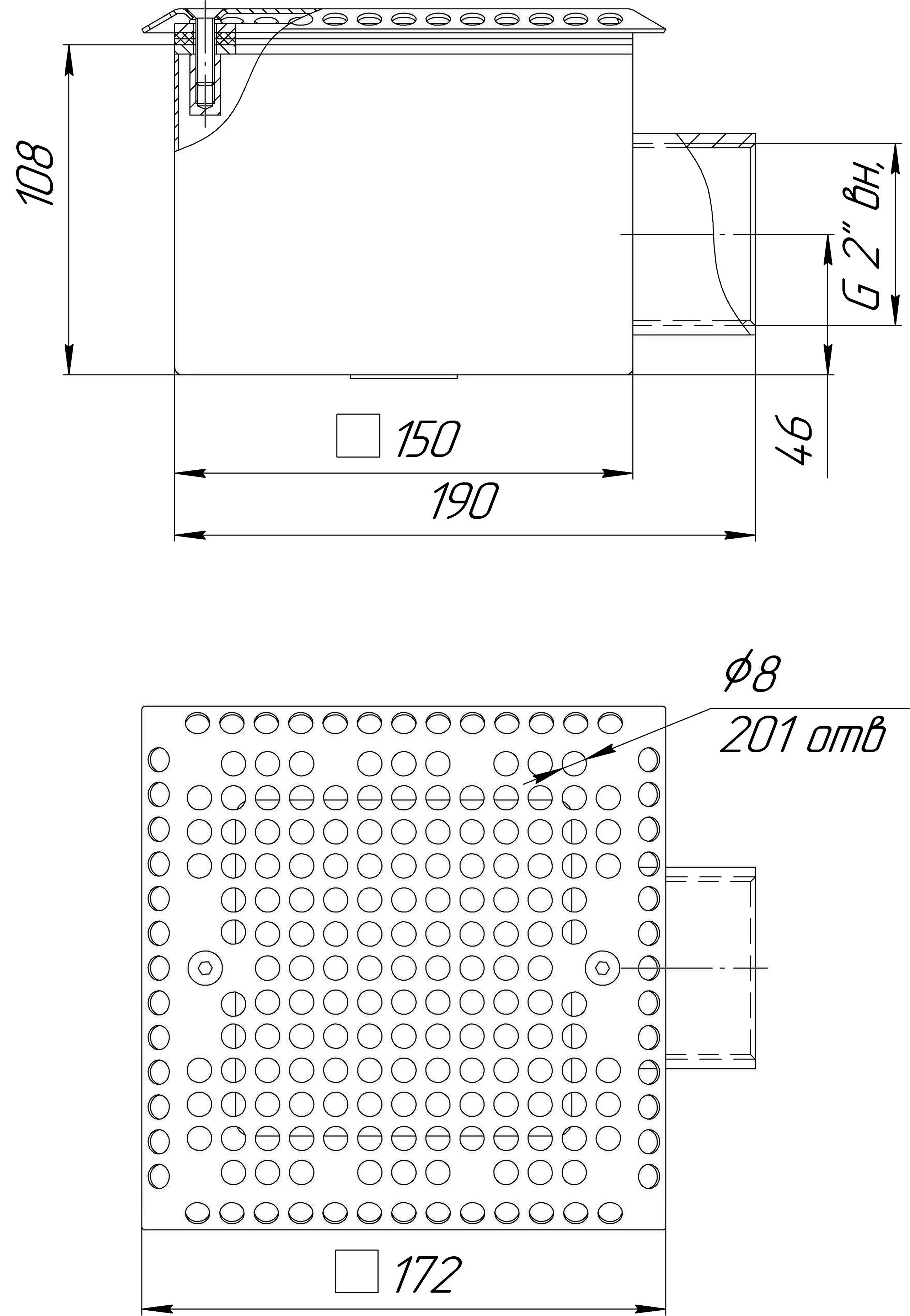 Донный слив квадратный 150х150х100 2" (Плёнка)